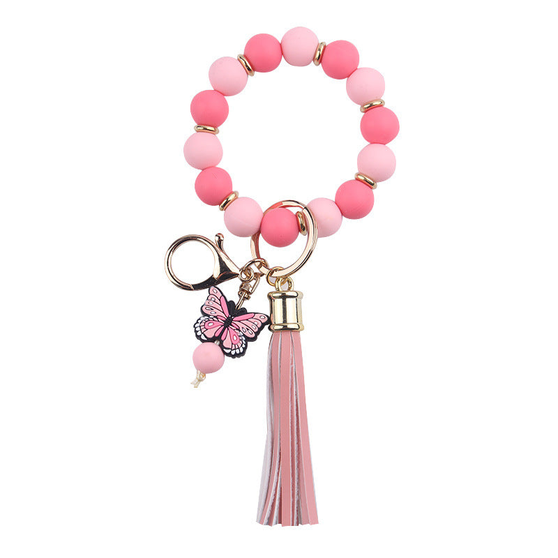 Wholesale PU Tassel Beaded Cartoon Butterfly Pendant Rainbow Leather Keychain